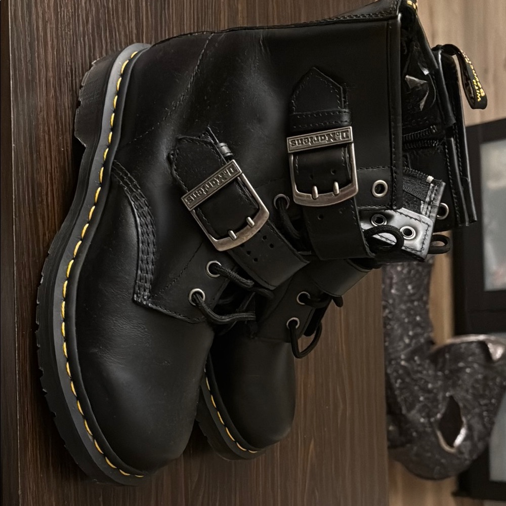 Dr. Martens Black Combat Boots with Buckle Straps